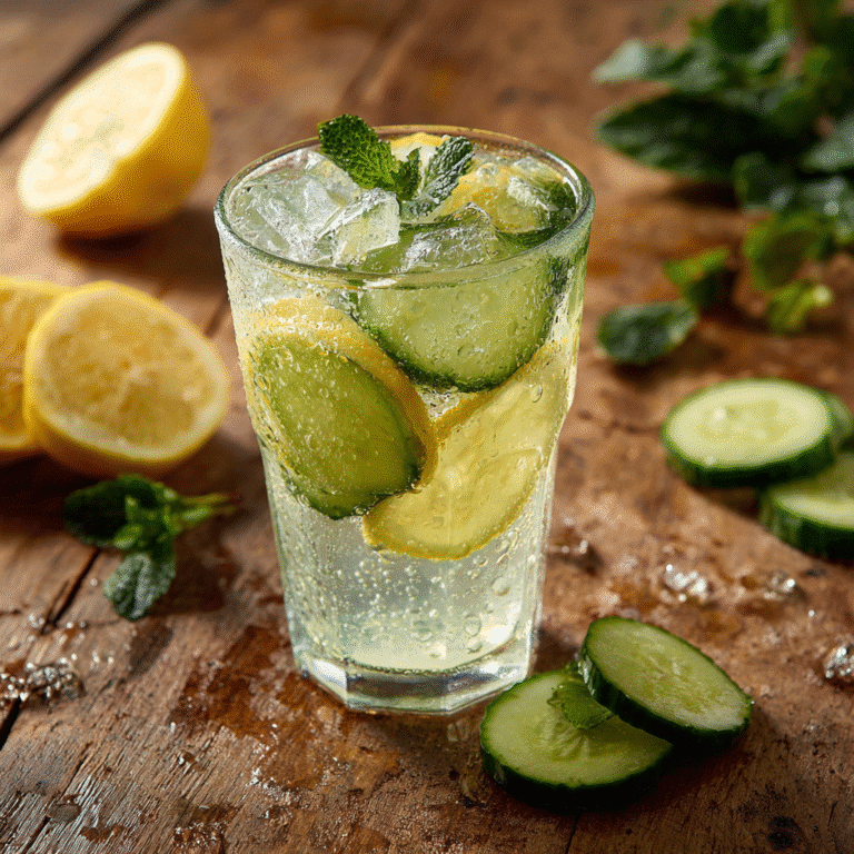 Serving of Lemon Mint and Cucumber Water with ice cubes and garnishes.