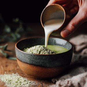 Adding stevia and unsweetened almond milk to matcha mixture.