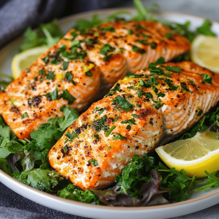 Golden, crispy Air Fryer Salmon served with greens and lemon wedges
