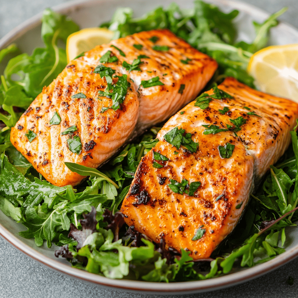 Golden, crispy Air Fryer Salmon served with greens and lemon wedges