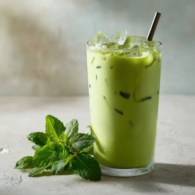 Low Calorie Iced Matcha Latte served in a glass with ice cubes and a straw.