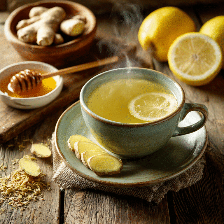 Serving Bariatric Tea in a mug with lemon and ginger garnish.