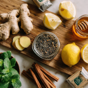 Ingredients for Costa Rican Tea: Guayusa, ginger, cinnamon, lemon, and honey