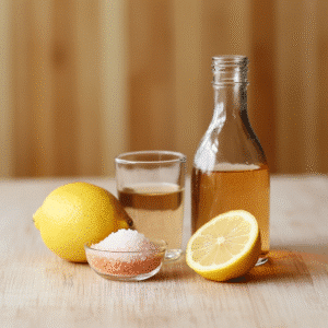 Ingredients for 4 Ingredient Pink Salt Trick including pink salt, lemon, apple cider vinegar, and warm water