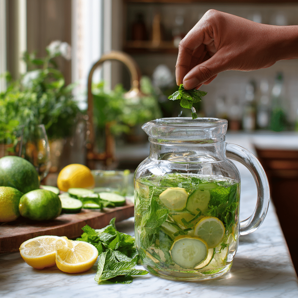 Lemon Mint and Cucumber Water in a jug, ready to refrigerate.