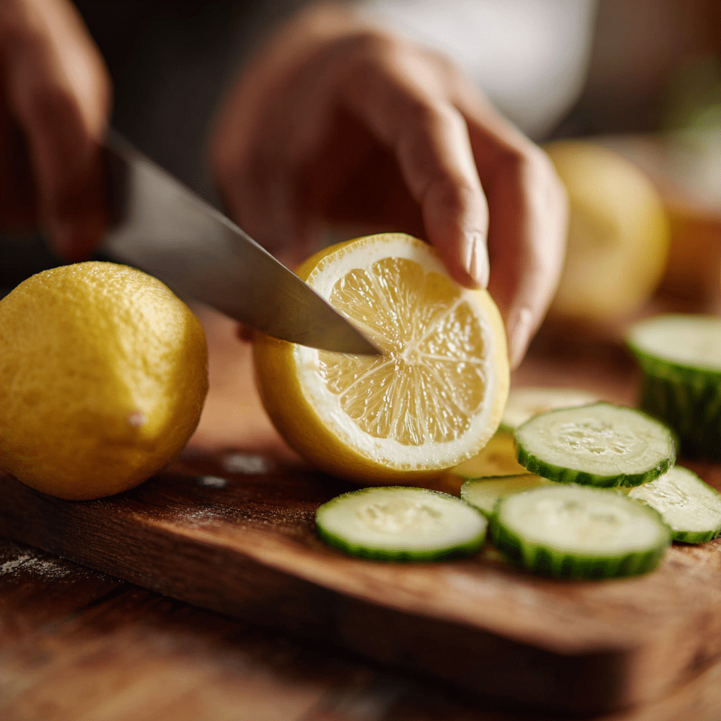 Slicing lemon and cucumber for Lemon Mint and Cucumber Water.