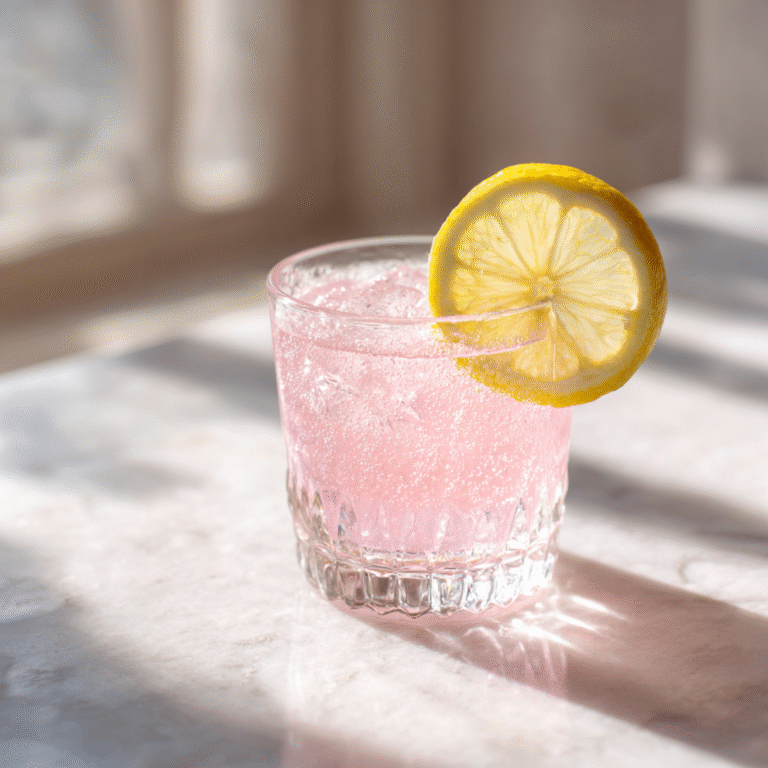 Glass of pink Himalayan salt water with a lemon slice, set on a marble countertop