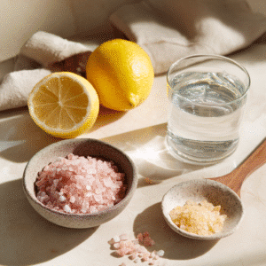 Ingredients for Today Show Pink Salt Recipe, pink Himalayan salt, lemon, water